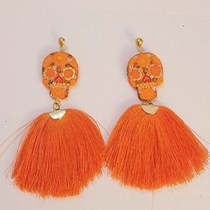 Statement Scull Earrings Orange Tassels Handmade Hand Painted Mexican Folk Art